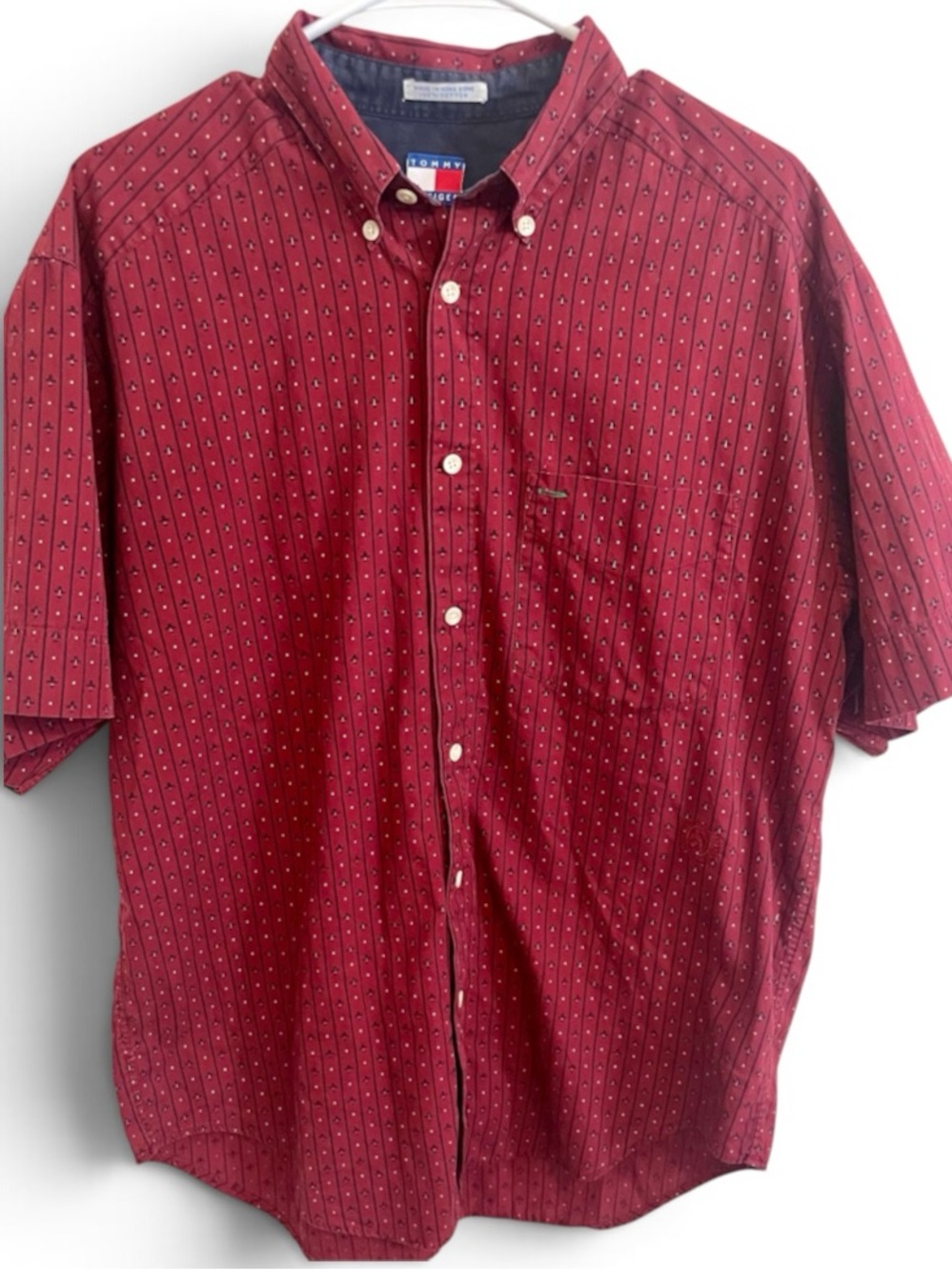 Vintage Tommy Hilfiger Burgundy Fleur De Lis Short Sleeve Button Down Shirt EUC